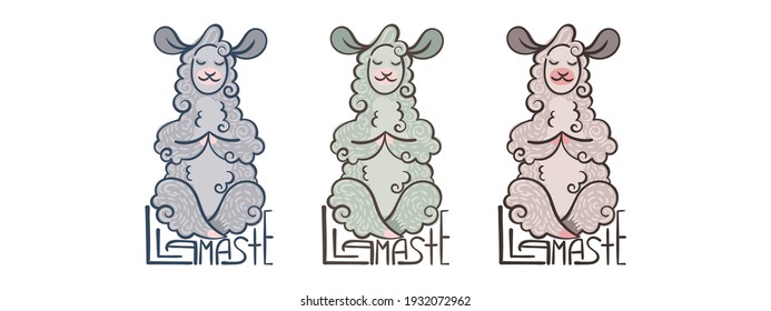 Llamaste. Set of cute curly llamas meditates in the lotus position. Illustration with lettering for coloring pages, children and adult prints, baby shower, yoga, health, mind development
