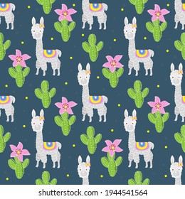 Llamas.Vector pattern with animal llamas and cacti on a blue background. For textiles, fabrics, backgrounds, packaging paper, wallpaper, linen, covers.