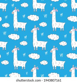Llamas.Vector pattern with animal llamas and clouds on a blue background.For textiles, fabrics, backgrounds, packaging paper, wallpaper, linen, covers.