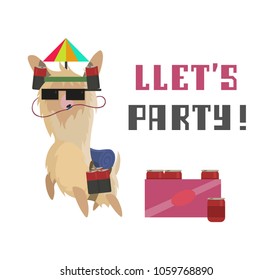 
Llet's party card with cartoon llama and drinks. Modern llama illustration with box of drinks and inscription: "let's party". Vector illustration with alpaca for prints, party invitation, posters, bo