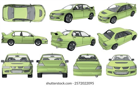 Llight green car Vector images are produced from the tracing process. View from side, front, back, top, Perspective