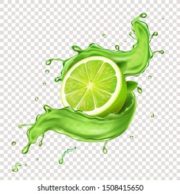 Llime in green juicy splash. Realistic splashing mojito icon. Citrus tonic illustration