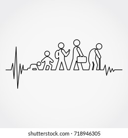 Lline of the pulse with man lifecycle from birth to old age in silhouettes.Vector illustration.