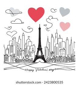 LLinear-style Valentine's Day Postcard Paris, Tower, featuring champagne glasses, roses, hearts, gift  and candy patterns, celebrating love in a minimalist design