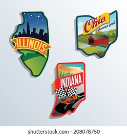 llinois, Indiana, Ohio, United States vector illustrations