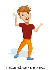 Llittle cheerful boy with blonde hair in bright clothes. European child laughs dance and plays an active game. He is wearing yellow pants and red t-shirt. Colorful illustration for Children's Day