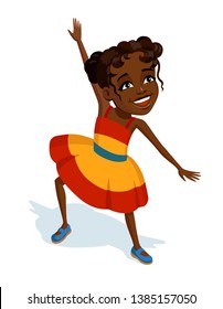 Llittle cheerful girl in bright colorful sundress. African child laughs dance and plays an active game. Colorful illustration for Children's Day