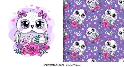 Llittle cute owl and flowers. Seamless pattern. Greeting Birthday Card or children's clothing design. 