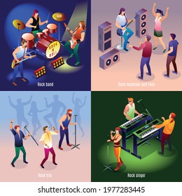 Llive rock music 2X2, musicians and singers at various music venues isometric icons on isolated background