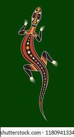 Llizard. Aboriginal art style. Vector color illustration isolated on green background.