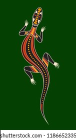 Llizard. Aboriginal art style. Vector color illustration isolated on green background.