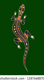 Llizard. Aboriginal art style. Vector color illustration isolated on green background.