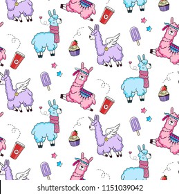 Lllama sin fisuras, con llamas y garabatos adorables. Diseño alpaca para textiles, impresiones, etc.