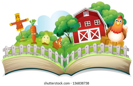 lllustration of a book with an image of a farm on a white background