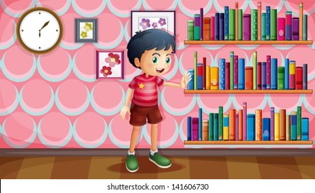 lllustration of a boy standing beside the wooden shelves with books