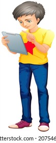 lllustration of a boy using a touch screen gadget on a white background