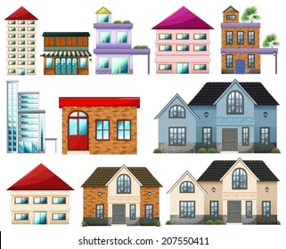 lllustration of the different buildings on a white background