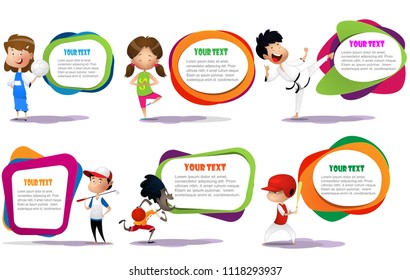 lllustration of kids engaging in different sports activities such golf, baseball, yoga, volleyball, martial arts, basketball. Vector