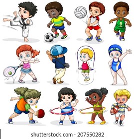 lllustration of the kids engaging in different sports activities on a white background