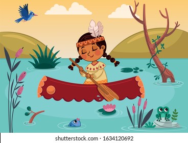 lllustration of a Native American Girl Rowing Canoe in the River