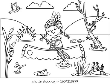 lllustration of a Native American Girl Rowing Canoe in the River. black and White. Vector Illustration.
