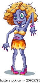 lllustration of a scary female zombie on a white background