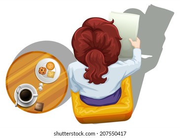 lllustration of a topview of a woman reading beside the table on a white background