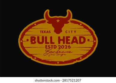 lllustration vector of bull head and lone star symbol, vintage wooden signage design with brown color, rustic distressed wood texture and typography for barbecue restaurant bbq grill house emblem logo