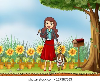 lllustration of a woman with a dog at the garden