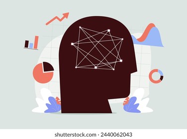 LLM concept. Visualizing the intricate network of large language model capabilities. Enhances data analysis and decision-making. Flat vector illustration