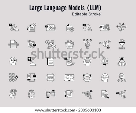 LLM Icon Set. Large Language Model Concepts Line Icon Set: AI, NLP, Machine Learning. Editable Stroke Icons.