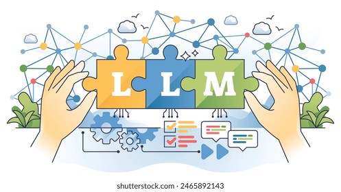 LLM o modelo de lenguaje Grande para la generación de texto delinean el concepto de manos. Inteligencia artificial automatizada o uso complejo de algoritmos de IA para la comprensión de textos y la Ilustración vectorial de la comunicación.