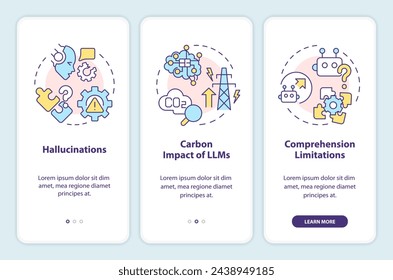 LLM limitations onboarding mobile app screen. Artificial intelligence. Walkthrough 3 steps editable graphic instructions with linear concepts. UI, UX, GUI template. Myriad Pro-Bold, Regular fonts used