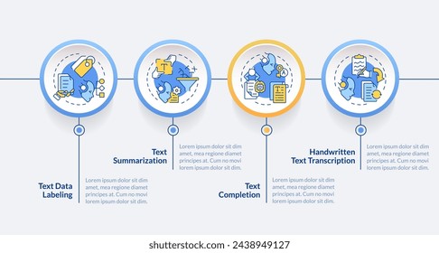 Plantilla infográfica de círculo de reconocimiento de texto LLM. Flujo de trabajo digital. Visualización de datos con 4 pasos. Gráfico de información de línea de tiempo editable. Diseño de flujo de trabajo con iconos de línea. Lato-Bold, fuentes normales utilizadas