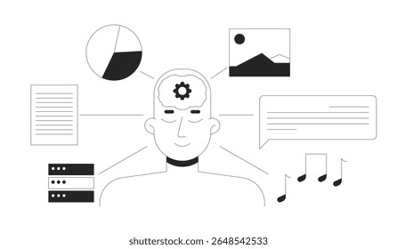 LLM training datasets line illustration concept. Large language model data inputs. Deep learning. AI brain cognitive processing outline 2D composition isolated. Ink linear metaphor vector art