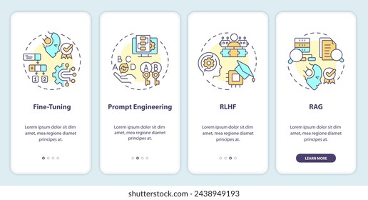 LLM tuning methods onboarding mobile app screen. Machine learning. Walkthrough 4 steps editable graphic instructions with linear concepts. UI, UX, GUI template. Myriad Pro-Bold, Regular fonts used