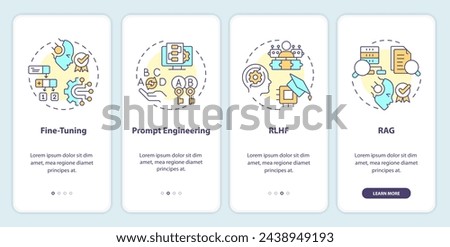 LLM tuning methods onboarding mobile app screen. Machine learning. Walkthrough 4 steps editable graphic instructions with linear concepts. UI, UX, GUI template. Myriad Pro-Bold, Regular fonts used
