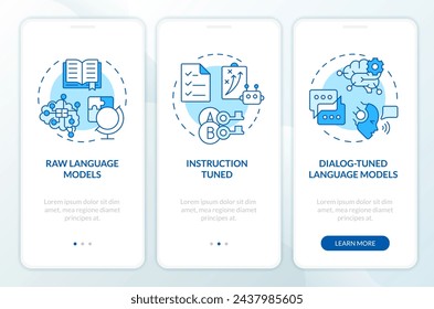 LLM types onboarding mobile app screen. Artificial intelligence. Walkthrough 3 steps editable graphic instructions with linear concepts. UI, UX, GUI template. Myriad Pro-Bold, Regular fonts used