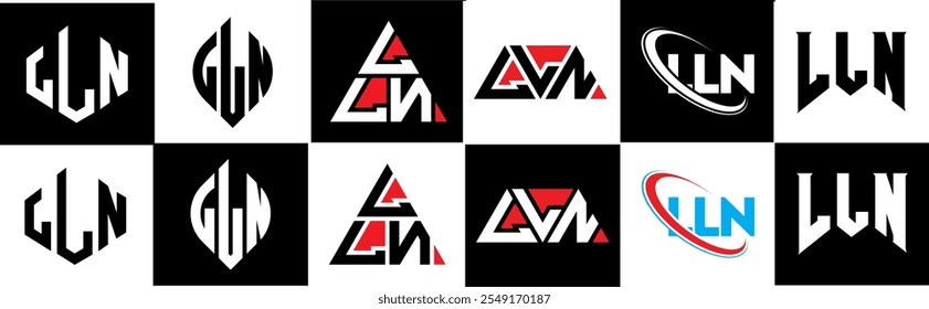 LLN letter logo design in six style. LLN polygon, circle, triangle, hexagon, flat and simple style with black and white color variation letter logo set in one artboard. LLN minimalist and classic logo