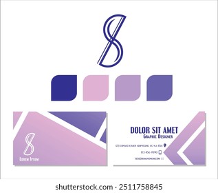 Llogo and a business card design. Four color swatches below the logo in a row. The business card design has a white background with a geometric pattern of overlapping diagonal lines in the background.