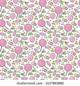 Llollipops tasty delicious sweet dessert candy multicolored isolated on white background vector seamless pattern.