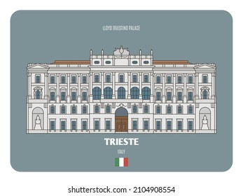 Lloyd Triestino Palace in Trieste, Italy. Architectural symbols of European cities. Colorful vector 