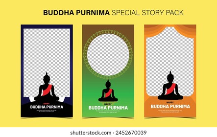 lluminate Buddha Purnima with our captivating story design template, set of 3 story design templates, happy buddha purnima story pack design.