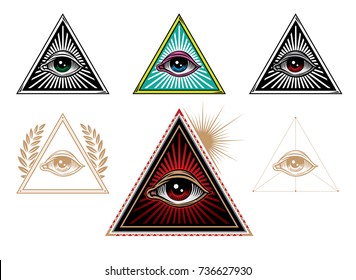 Lluminati Symbols. All Seeing Eye In Delta Triangle. Vector Illustration