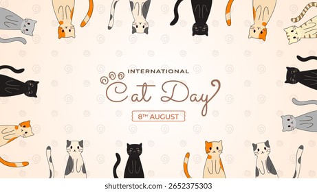Design ilustrado comemorando o Dia Internacional do Gato com vários desenhos animados coloridos fundo de gatos. Os gatos são brincalhamente arranjados ao redor, tornando-se uma representação perfeita para comemorar.
