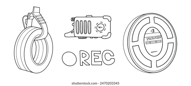 llustrated film reel, recording device, and tape in black and white for filmmaking theme.