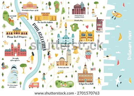 llustrated Map of Philadelphia Landmarks, Cute City Poster with Famous Sights and Icons.