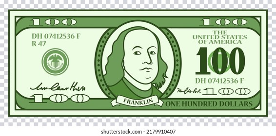 llustration of 100 dollars banknote with franklin on transparent background. Vector.