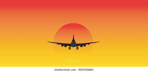 llustration of airplane on sunset.Traveling by plane on vacation.Travel after quarantine from Covid-19 concept.