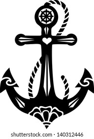 Llustration Of An Anchor With Holy Rose, Symbol Hope, Faith And Love, Tattoo Style, Vector Graphic, Isolated, Black